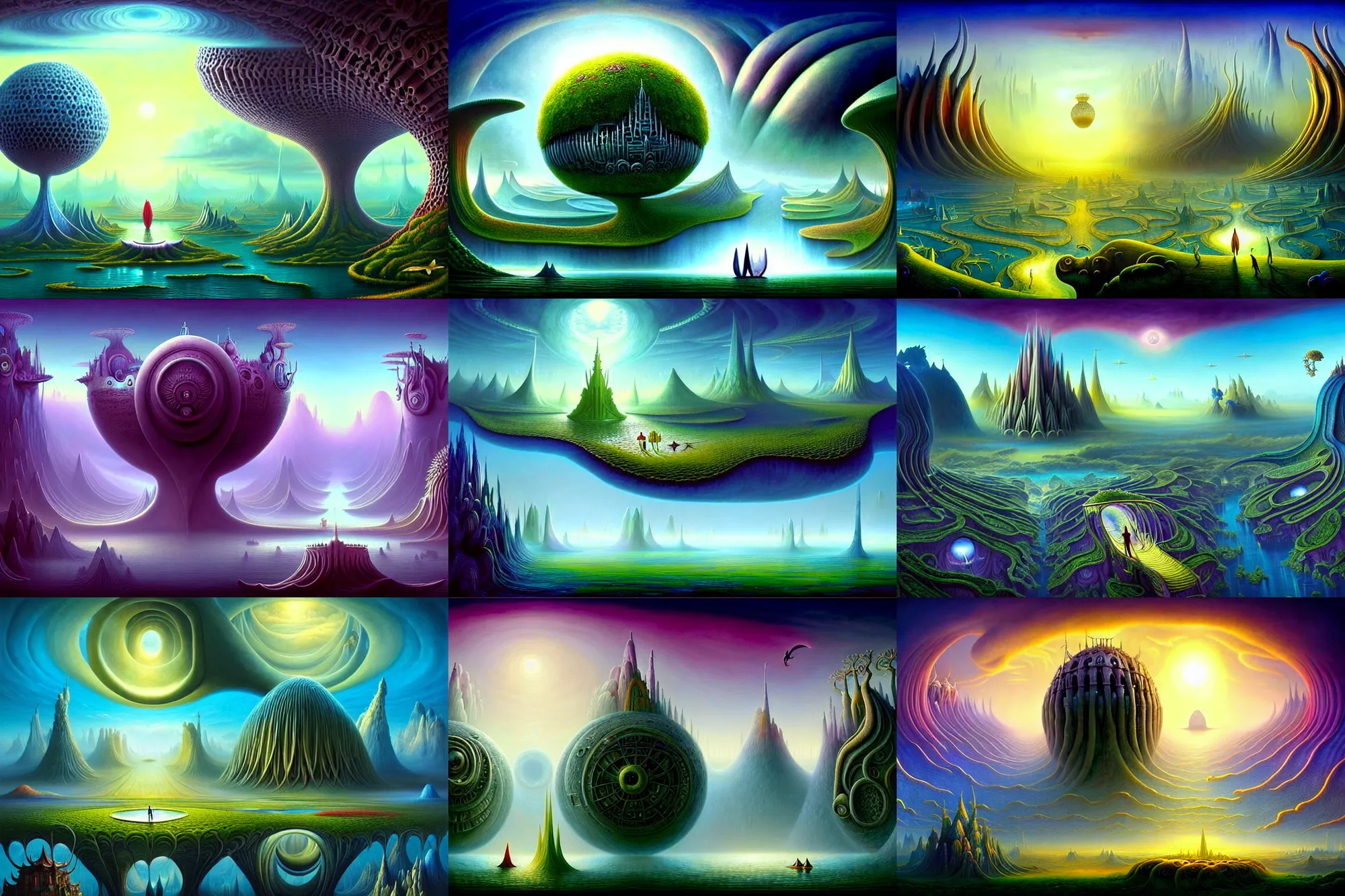 Prompt: a beautiful epic stunning amazing and insanely detailed matte painting on canvas of alien dream worlds with surreal architecture designed by Heironymous Bosch, mega structures inspired by Heironymous Bosch's Garden of Earthly Delights, the nexus portal, vast surreal landscape and horizon by Cyril Rolando and Andrew Ferez, rich pastel color palette, masterpiece!!, grand!, imaginative!!!, whimsical!!, epic scale, intricate details, sense of awe, elite, wonder, insanely complex, masterful composition, sharp focus