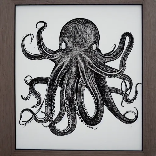 Prompt: octopus, etching, black and white