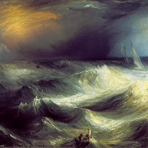 Image similar to A painting of a ship at sea, in a storm, by J.M.W. Turner