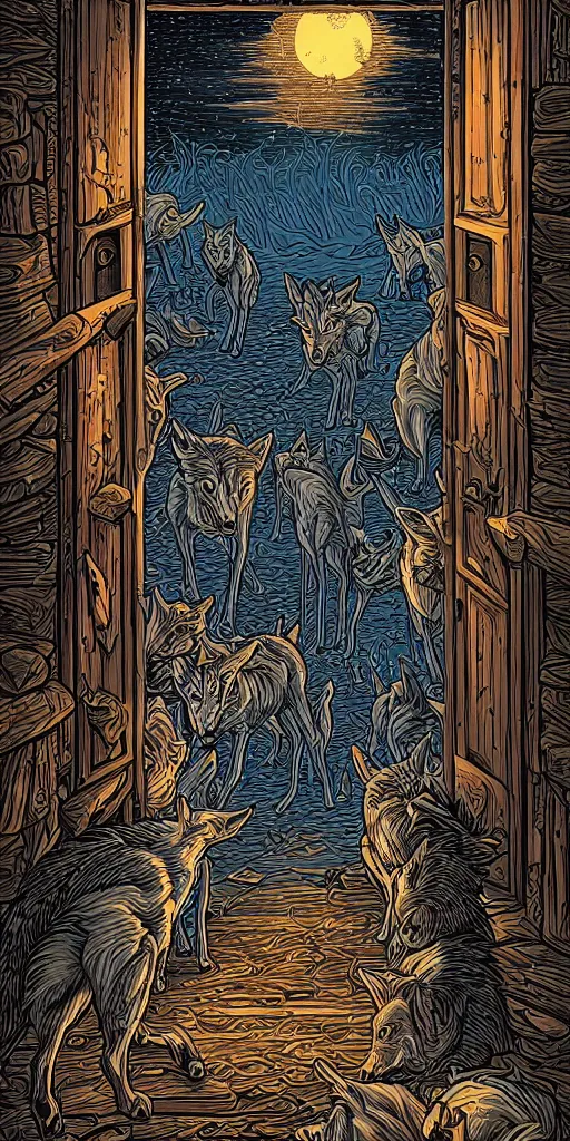 Image similar to wolves at the door by Dan Mumford