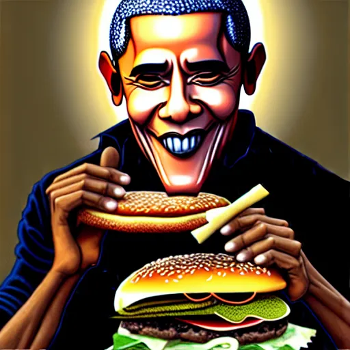 Image similar to barrack obama eating a cheese burger sitting on the iron throne, highly detailed, perfect lighting, perfect composition, 8 k, artgerm, derek zabrocki, greg rutkowski