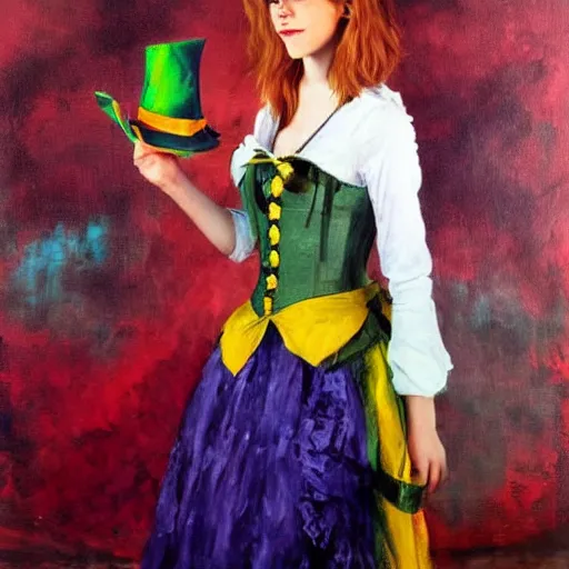 Image similar to beautiful emma watson cosplay as The Mad Hatter from Alice in wonderland, oil painting, full body.