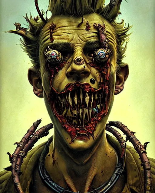 Image similar to junkrat from overwatch, character portrait, portrait, close up, concept art, intricate details, highly detailed, horror poster, horror, vintage horror art, realistic, terrifying, in the style of michael whelan, beksinski, and gustave dore