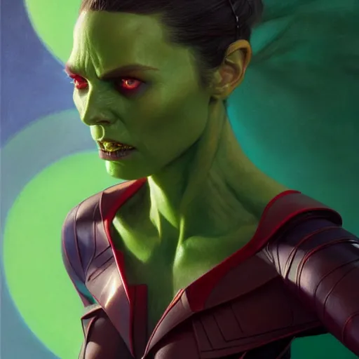 Image similar to portrait painting of wanda maximoff with green skin and pointy ears wearing sci - fi clothes as a skrull, ultra realistic, concept art, intricate details, eerie, highly detailed, photorealistic, octane render, 8 k, unreal engine. art by artgerm and greg rutkowski and charlie bowater and magali villeneuve and alphonse mucha