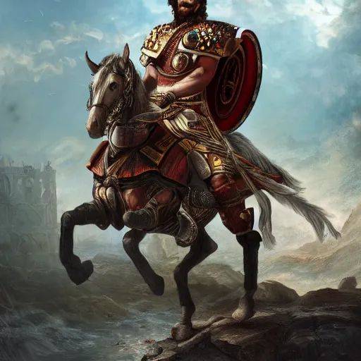 Image similar to a roman conquistador. trending on art station. 8 k. beautifully detailed. full frame render. fantasy