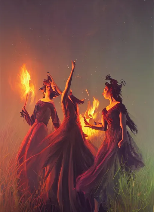 Image similar to three elegant, beautiful witches dancing around a bonfire in the woods at night, vivid colors, dark shadows, contrast, concept art, sharp focus, digital art, Hyper-realistic, 4K, Unreal Engine, Highly Detailed, Dramatic Lighting, Beautiful, by Brom, trending on Artstation, Tom Bagshaw
