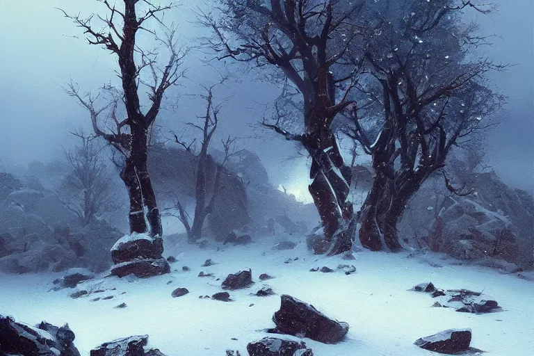 Image similar to a beautiful oil painting of a rocky valley covered in snow, trees with blue leaves, thunderstorm in the sky, blue lighting, gloomy, atmospheric lighting, detailed, beautiful!! by greg rutkowski, trending on artstation