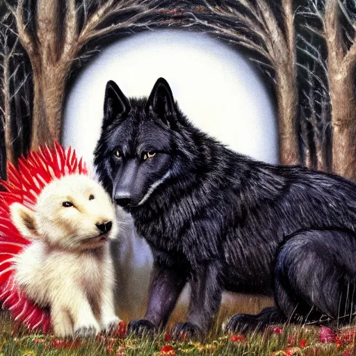 Image similar to a majestic large black wolf with red eyes curled around a small, fragile and cute white rabbit lovingly to protect it from the dangerous forest that is all around them, oil painting, award winning, 4k, high quality, high detail