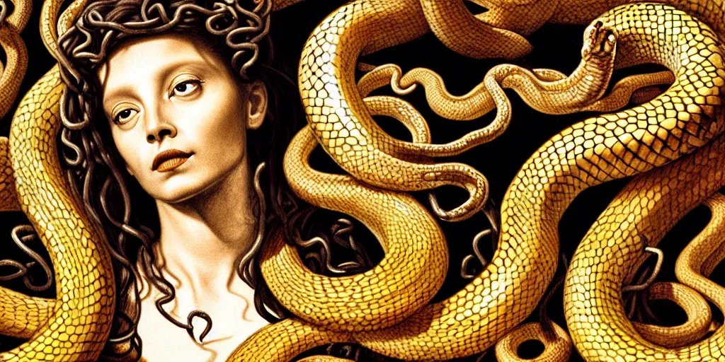 Image similar to realistic portrait of medusa with her snakes, golden, delicate, hyper realism, 1 4 5 0, ink, ultra realistic, 8 k