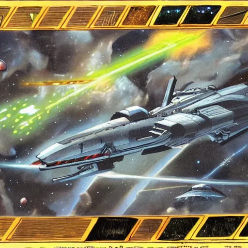 Image similar to science - fiction space battleship in combat, laser beams, explosions, space, planets, painting