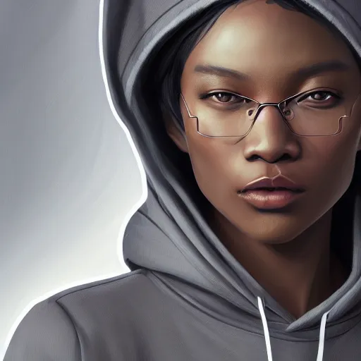 Image similar to portrait of a black asian woman - alyx vance wearing a gray hoodie, sci - fi, intricate, elegant, highly detailed, digital painting, artstation, concept art, smooth, sharp focus, illustration, by bartek fedyczak, erak note, tooth wu, neil richards, kan liu, siwoo kim, jisu choe