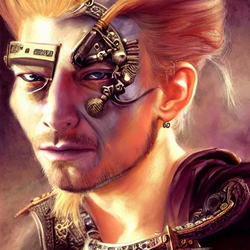 Image similar to portrait, headshot, insanely nice hair style, dramatic hair color, digital painting, of a old 17th century, old cyborg merchant, amber jewels, baroque, ornate clothing, scifi, realistic, hyperdetailed, chiaroscuro, concept art, art by Franz Hals and Jon Foster and Ayami Kojima and Amano and Karol Bak,