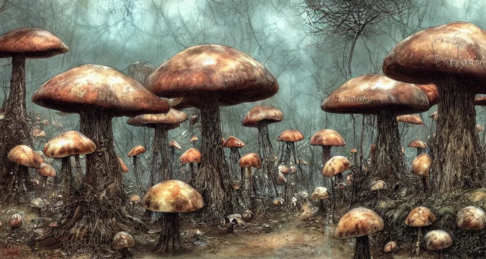 Image similar to A tribal village in a forest of giant mushrooms, by Luis Royo,