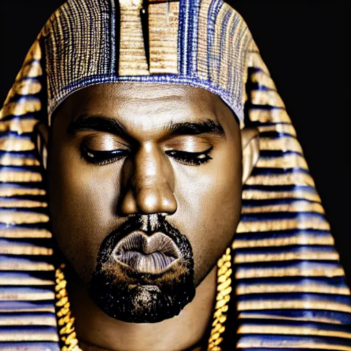 Image similar to Kanye West as a pharaoh, portrait, 40mm lens, shallow depth of field, close up, split lighting, cinematic