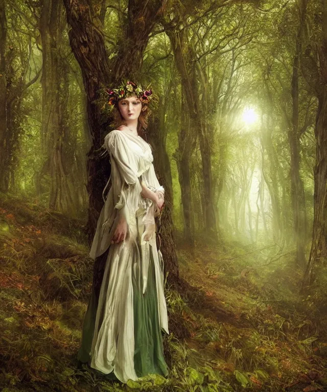 Image similar to young beautiful fey druid woman, full body portrait, white hair, flower crown, dark green robes, intricate, standing in a dark forest, sunbeams, in style of john everett millais