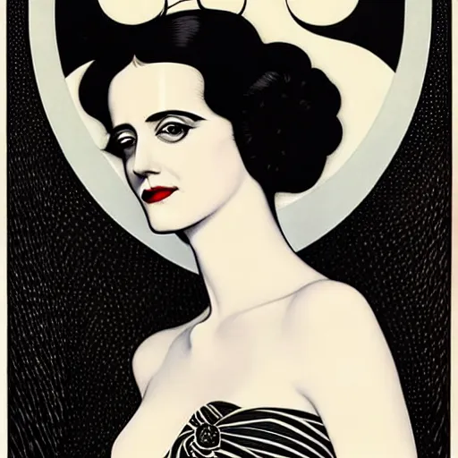 Image similar to black and white portrait of the young actress, eva green as queen of the emerald dead, comic art by joshua middleton, art by coles phillips, vamp, elegant, decadent, stylised comic art, klimt, mucha, 1 9 7 0 s poster,