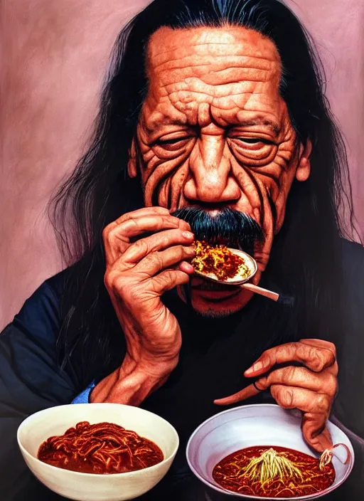 Prompt: ultrawide angle colour portrait masterpiece photography of danny trejo eating a bowl of chili shot by annie leibovitz michael cheval miho hirano moebius josh kirb