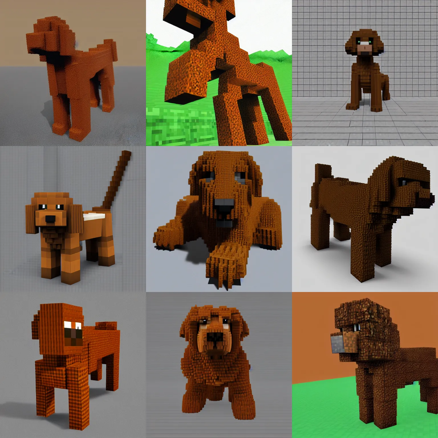 Prompt: minecraft voxel render of a brown labradoodle