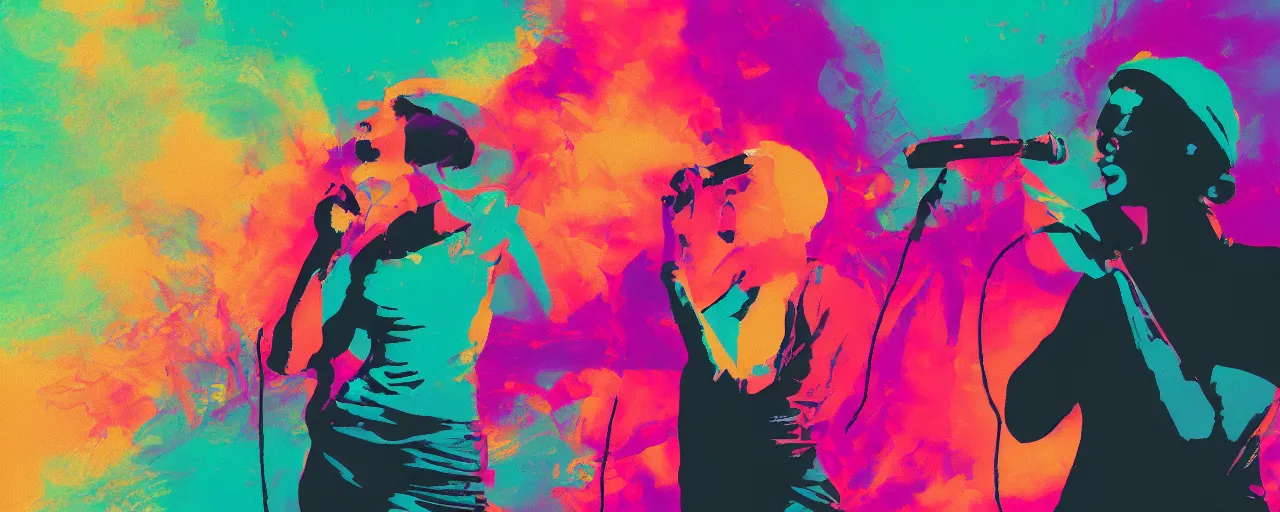 Prompt: woman rapping into microphone, silhouette, outrun, hip hop, digital art, 4k