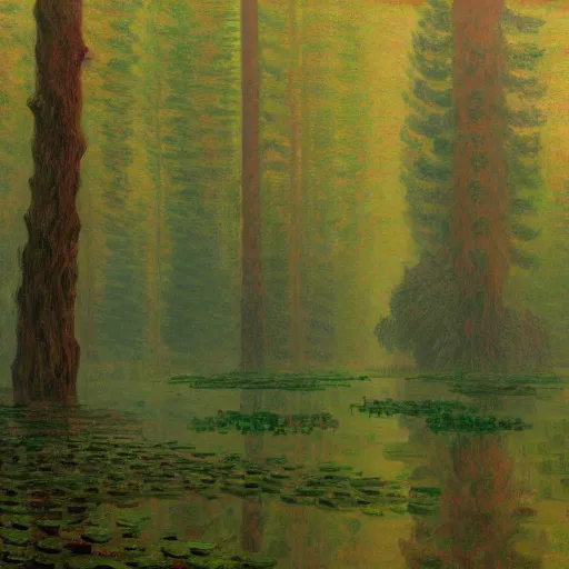Image similar to A forest lake by Simon Stålenhag and Claude Monet