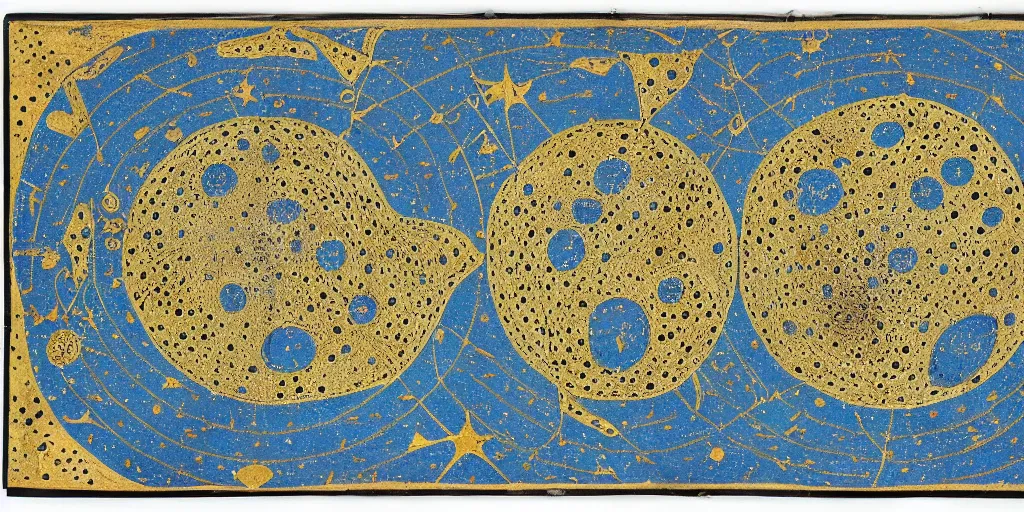 Image similar to ancient cosmic map of the various holes in the universe where time travelers can sneak through the fabric of space time. deep blue with constellations and radiating gold lines and circles, with intricate border. map has been folded and dirtied many times over the centuries