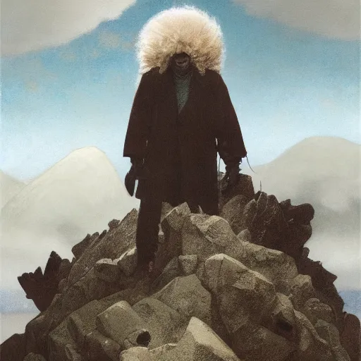 Image similar to Portrait Portrait of Pootie Tang the Guy emerging from poofy tigerskin coat whilst standing atop a cloud-covered mountain peak greg rutkowski dan witz paul klee andrew wyeth tom bagshaw stanton feng bastien lecouffe-deharme tombow oil painting