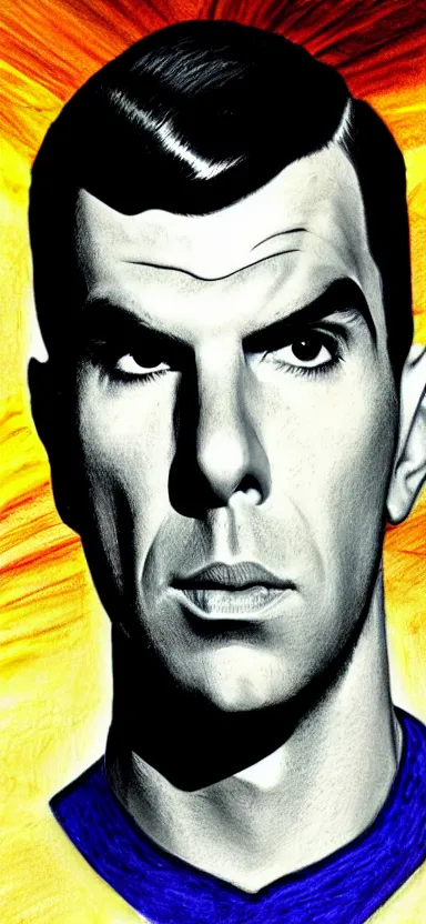 Image similar to : ZACHARY QUINTO SPOCK fanart + 70s SPRAY PAINT TEXTURE + art by J.C. LEYENDECKER + 4K UHD IMAGE + STUNNING QUALITY + CRAYON TEXTURE