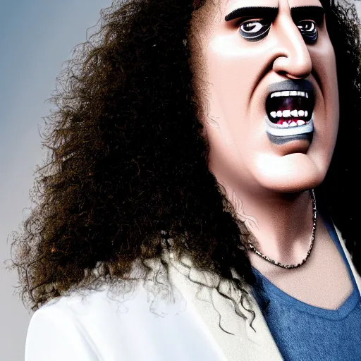 Image similar to The Lovechild of Weird Al Yankovic and Tiny Tim, real life, hyperrealistic, ultra realistic, realistic, highly detailed, epic, HD quality, 8k resolution, body and headshot, front facing, front view, headshot and bodyshot, detailed face, very detailed face