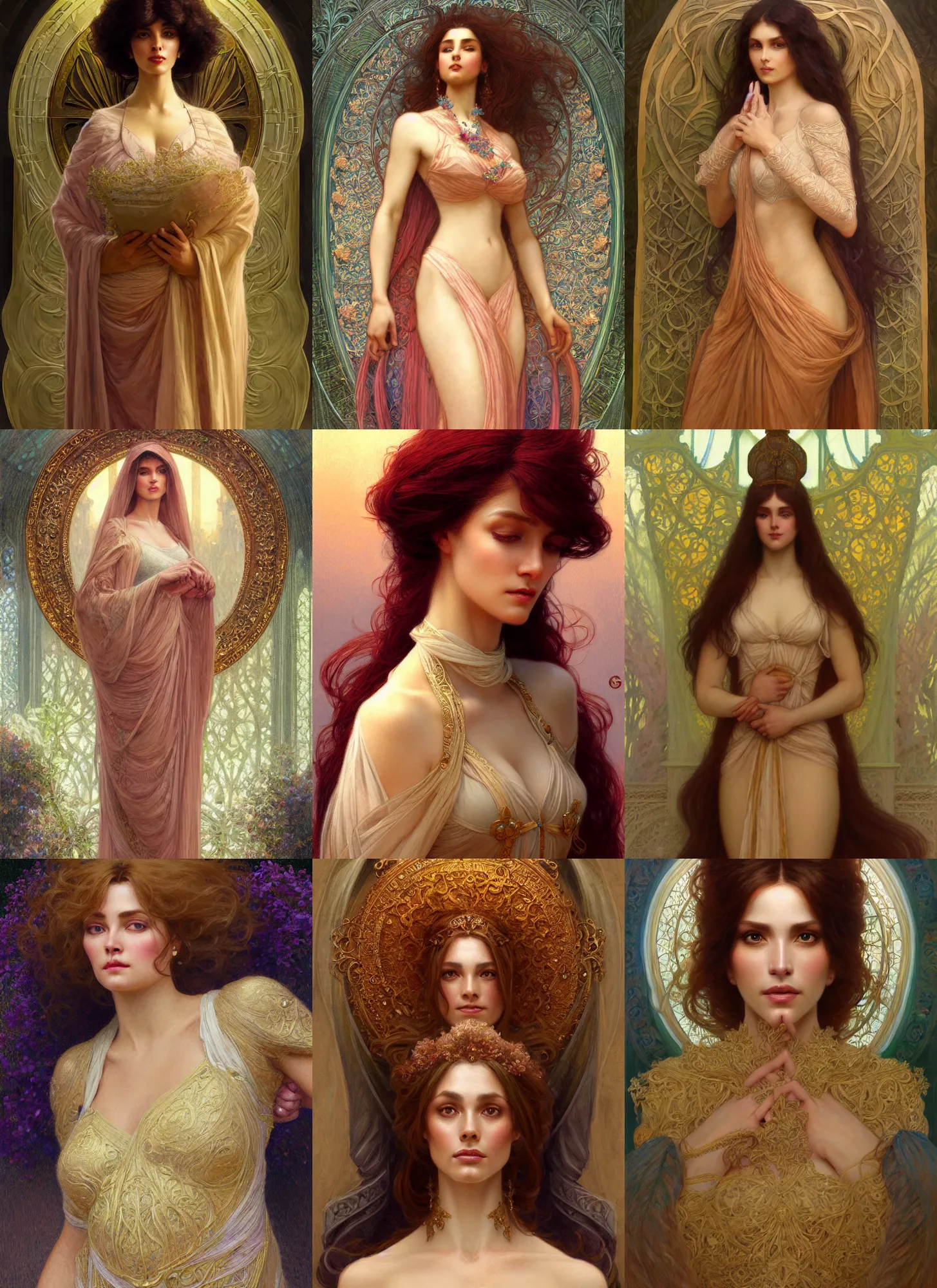 Prompt: character concept portrait of me as modest wife blessed by god to grow ever more intelligent beautiful voluminous muscular tall and virtuous. modestly clothed, intricate, elegant, highly detailed, in july, digital painting, artstation, concept art, symmetry, smooth, sharp focus, illustration, art by gaston bussiere and alphone mucha
