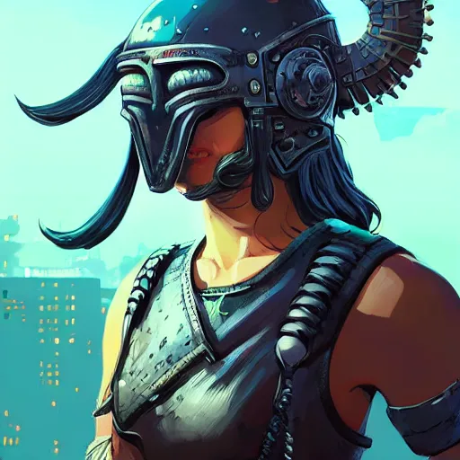 Image similar to cyberpunk viking helmet mask warrior goddess robot ninja fantasy, art gta 5 cover, official fanart behance hd artstation by jesper ejsing, by rhads, makoto shinkai and lois van baarle, ilya kuvshinov, ossdraws