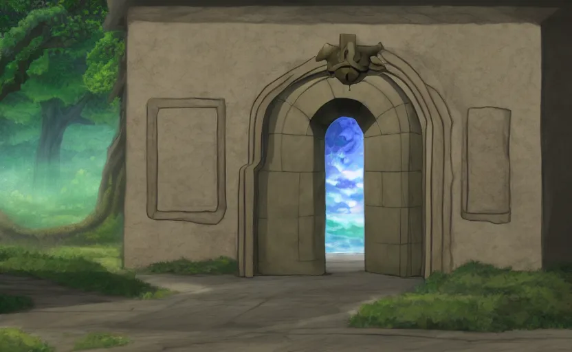 Prompt: a cell - shaded studio ghibli concept art study of a square dimensional portal doorway. water is flowing out of the portal. very dull colors, hd, 4 k, hq