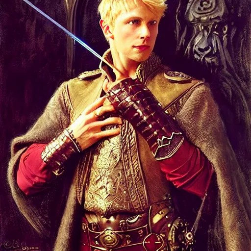 Prompt: handsome arthur pendragon in love with handsome merlin the mage. highly detailed painting by gaston bussiere, craig mullins, j. c. leyendecker