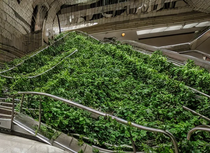 Prompt: an escalator in an abandoned mall in the 1 9 8 0 s, taken over by nature, covered in vines, brutalism