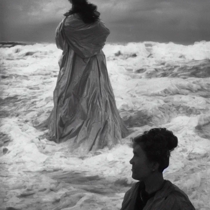 Prompt: a closeup portrait of a woman wearing wrapped in plastic, standing in front of a giant tsunami wave, color photograph, by john singer sargent, canon eos c 3 0 0, ƒ 1. 8, 3 5 mm, 8 k, medium - format print