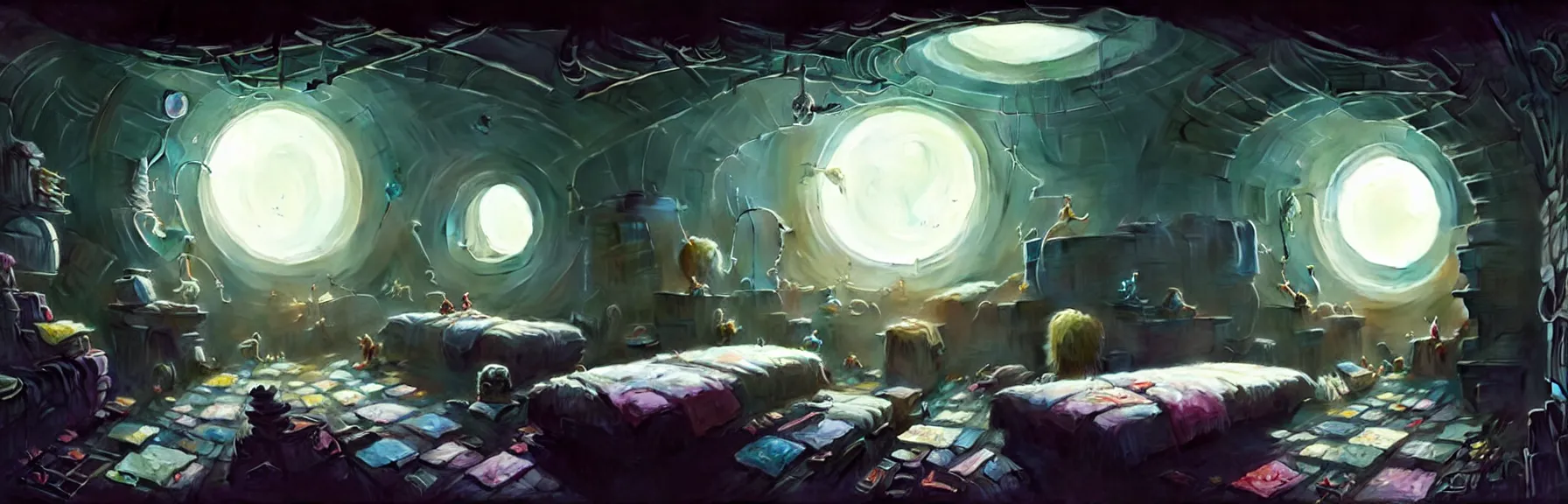 Image similar to detailed room in the sewer lair. The room is a clutter if clothes and a bunkbed with space posters everywhere, soft, light, bright, epic, awesome, digital art, by Simon beak and Greg rutkowski