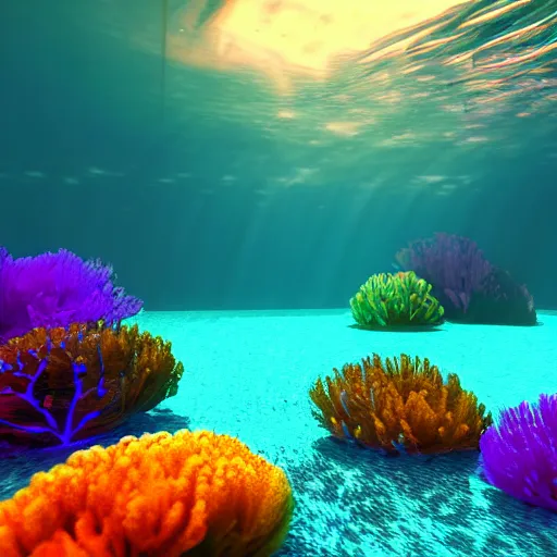 Image similar to 3d render underwater with brilliant lights. Colorful caustics. 8k resolution. Unreal engine.