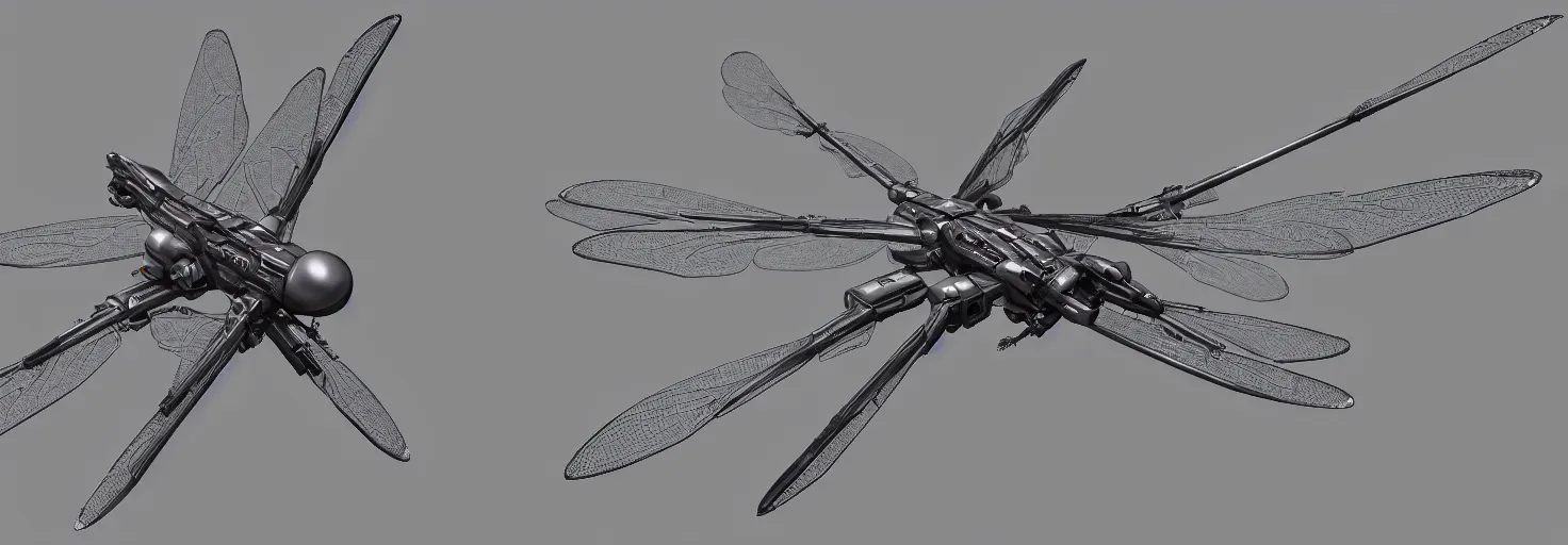 Prompt: symmetry!! a mechanized dragonfly with it's wings spread, gunmetal grey, top down view!! very symmetrical, mecha, jet fighter, space shuttle, robotic, highly detailed, artstation, super realistic, unreal engine