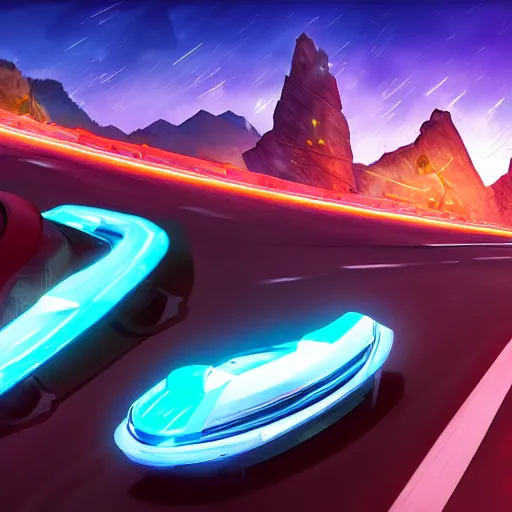 Image similar to https://s.mj.run/cI-BRi9ZEVs dynamic epic speed racer game marketing image with some neon lights on the road, mountains on the background. Concept art sheet study by Blizzard and Ubisoft, complementary color scheme