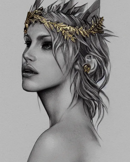 Image similar to tattoo sketch of hot blonde super model as aphrodite greek goddess wearing a gold laurel wreath and triangle earrings, beautiful piercing gaze with sharp pupils, in the style of greg rutkowski, fantasy, amazing detail, epic, elegant, smooth, sharp focus, front view