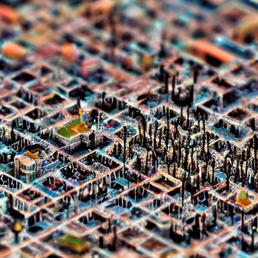 Prompt: microscopic city seen by microscope lens, very detailed