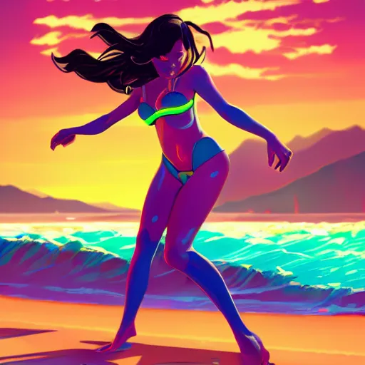 Image similar to neon bikini woman in the ocean | hyperrealistic digital painting by makoto shinkai, ilya kuvshinov, lois van baarle, rossdraws | afrofuturism in the style of hearthstone and overwatch, trending on artstation