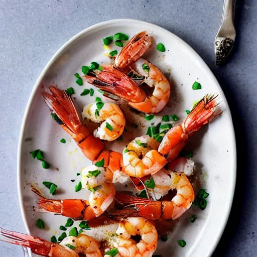 Prompt: cookbook photo of grilled prawns topped with whipped cream and rainbow sprinkles