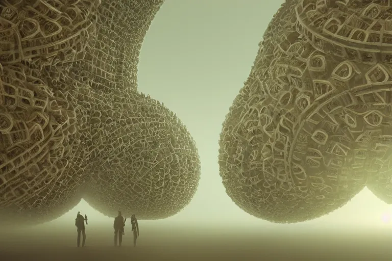 Image similar to a complex organic fractal 3 d ceramic humanoid quantum megastructure, cinematic shot, foggy, photo still from movie by denis villeneuve