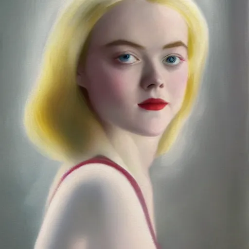 Image similar to Painting of Elle Fanning under gray clouds, long blonde hair, delicate, pale milky white porcelain skin, by Edward Hopper. 8K. Extremely detailed.