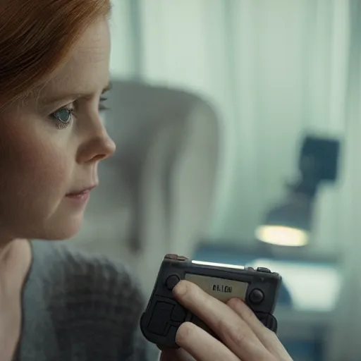 Image similar to a still of Amy Adams playing with a Gameboy, in the movie Arrival, highly detailed and intricate, sharp image, cinematic lighting, 8k HDR