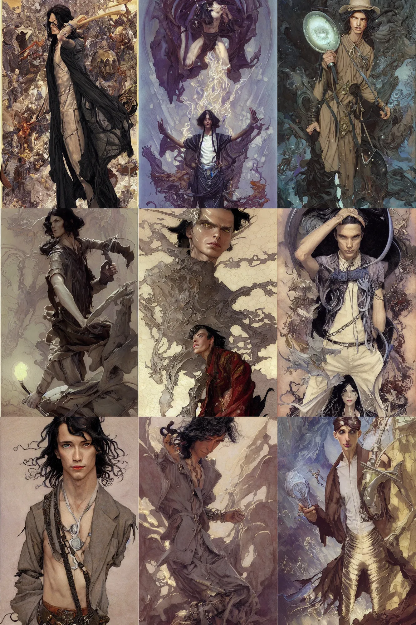 Prompt: skinny male mage, long dark hair, silver, 1 9 2 0 s fashion, fantasy, art by joseph leyendecker, donato giancola, dean cornwell, peter mohrbacher, ruan jia, marc simonetti, ayami kojima, cedric peyravernay, thomas kinkade, victo ngai