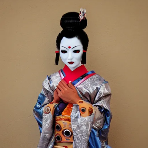 Image similar to cyborg geisha traveling to the future