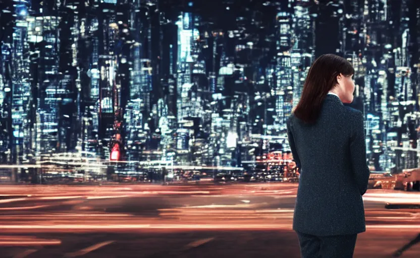 Image similar to a wide shot of a woman with a wool suit, blurred face, wearing an omega speedmaster on her wrist in front of a crowded dystopian city at night with cyberpunk lights