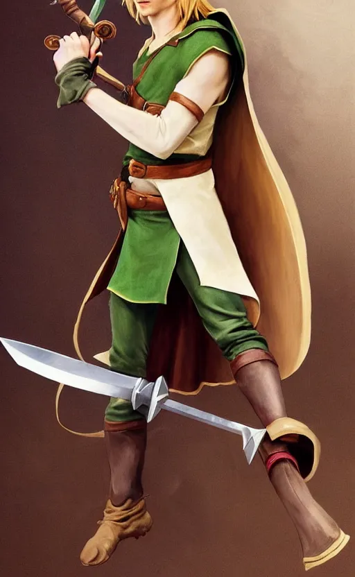 Image similar to Timothee Chalamet as Link from Legend of Zelda, elf ears, long blonde hair, +++ super super super dynamic posing, j.c. leyendecker, Valentina Remenar, thick eyebrows, super serious facial expression, holding a sword & shield, ocarina of time movie, concept photos, dynamic lighting, dynamic shaders