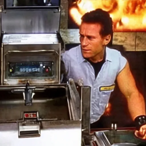 Prompt: The Terminator using a deep fryer in a fast food restaurant